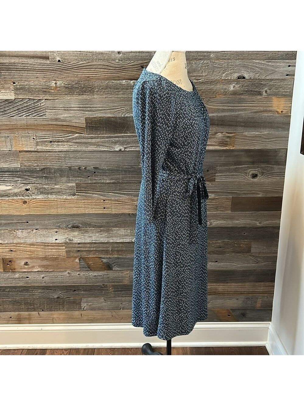 Lands End Blue Patterned Midi Tie Waist 3/4 Length Sleeve Dress Size XS 2-4 - Picture 4 of 9